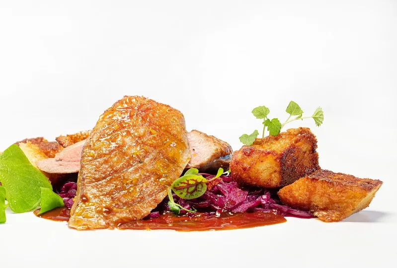 Duck breast with red cabbage and fried potatoes
