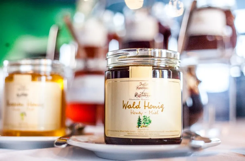 Jars of forest honey at the breakfast buffet